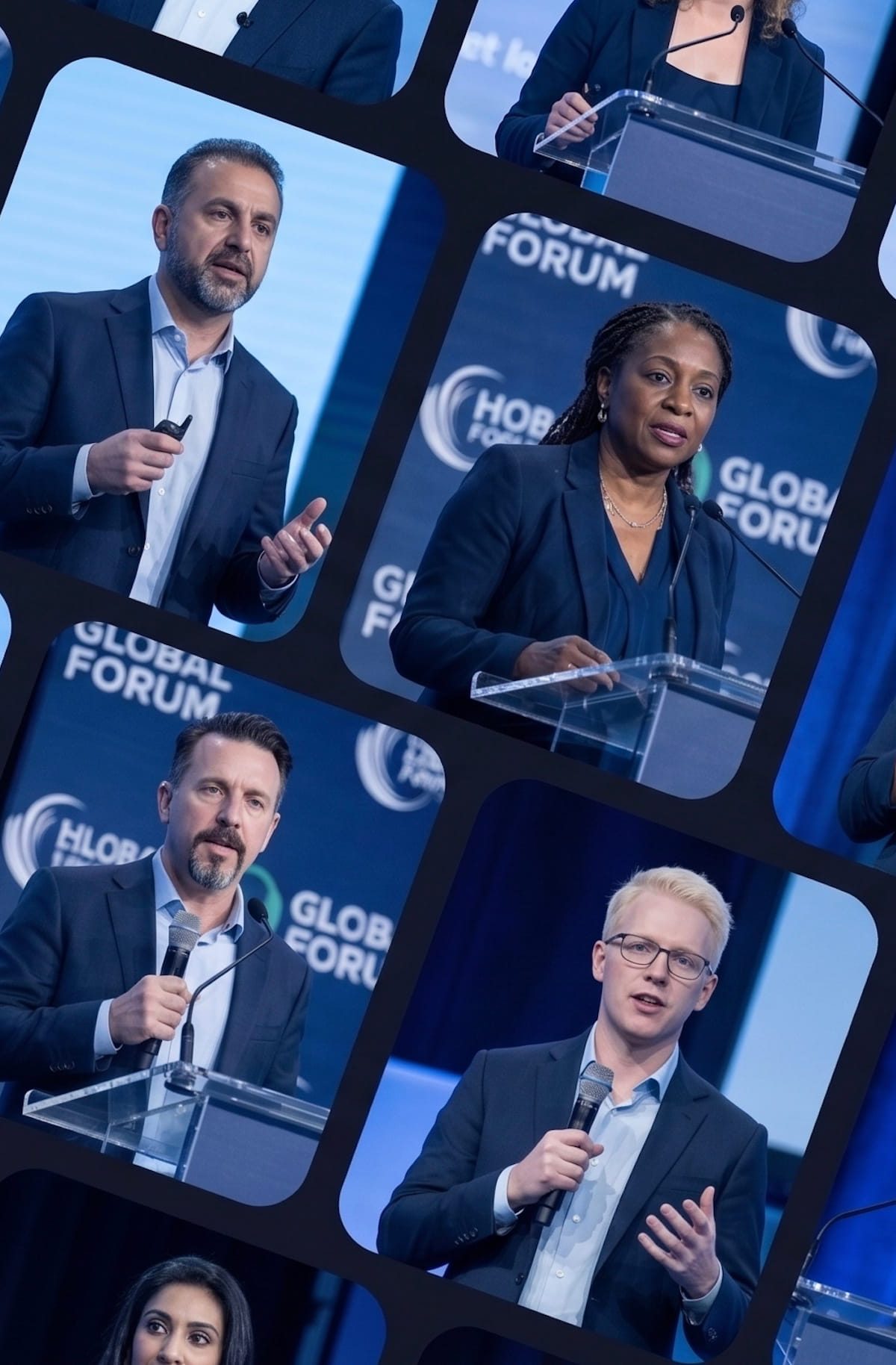 blue montage of conference speakers